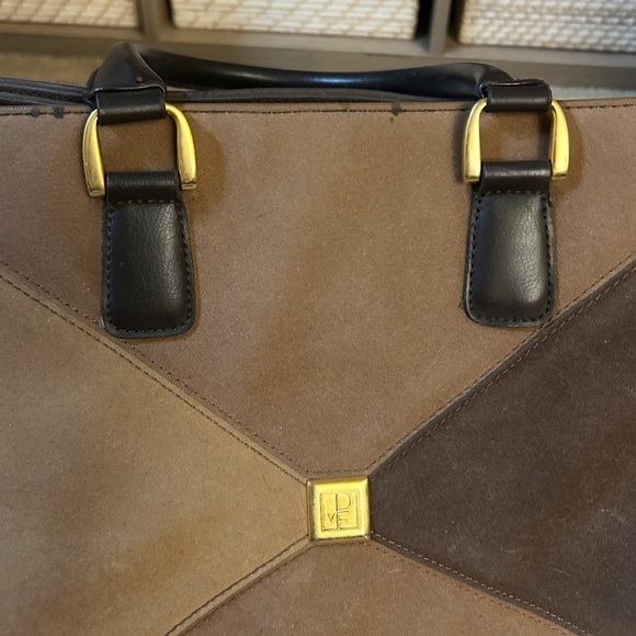 DIANE VON FURSTENBERG Two-Way Weekender Duffle Travel Bag Brown Suede Tri-Tone - Picture 11 of 16